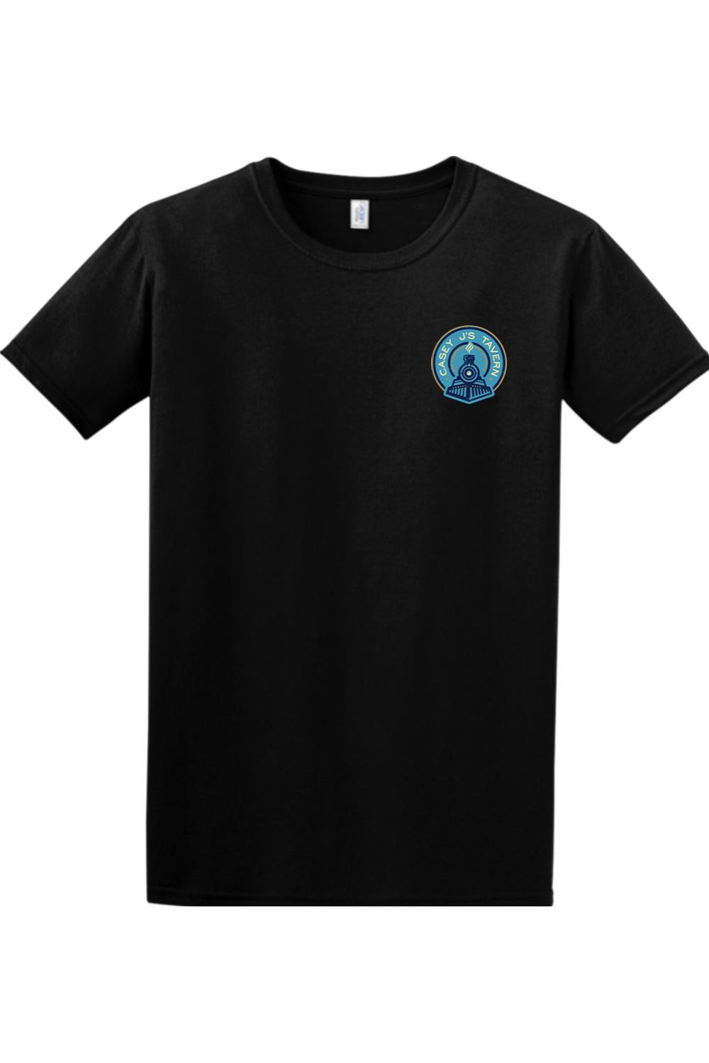 Black crew neck t-shirt featuring a circular Casey J's Tavern train logo on the left chest.