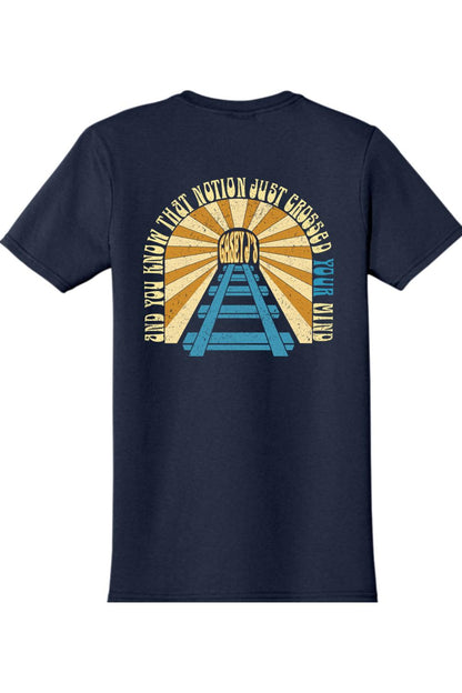 Navy blue unisex t-shirt featuring a vintage-style railroad graphic with Casey J's Tavern text on the back.