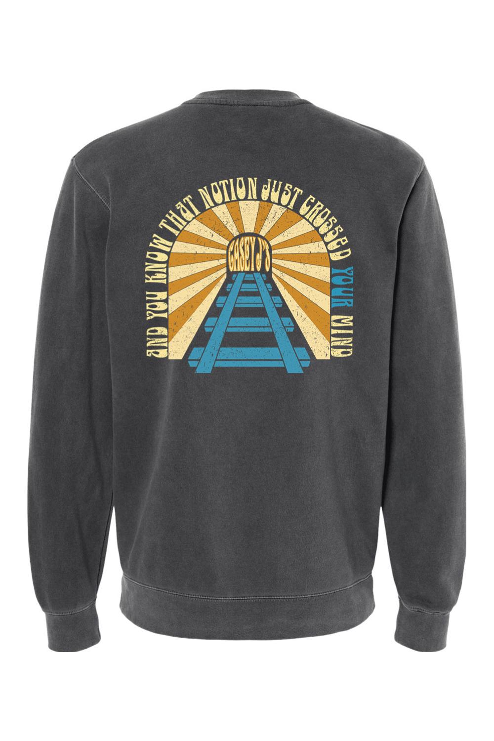 Charcoal pigment-dyed crewneck sweatshirt featuring a vintage-style Casey J's Tavern graphic on the back.