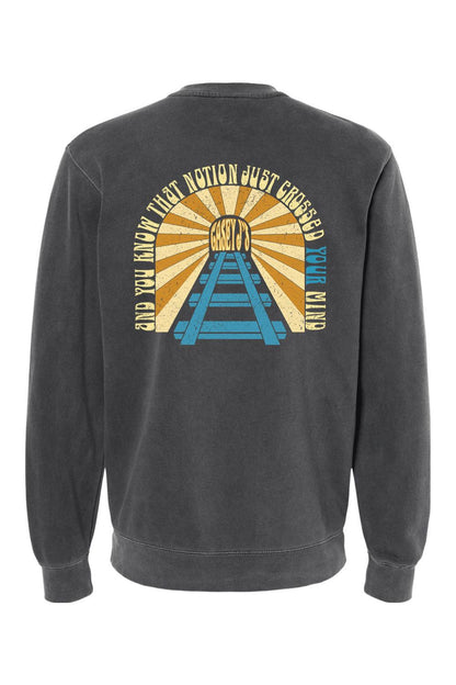 Charcoal pigment-dyed crewneck sweatshirt featuring a vintage-style Casey J's Tavern graphic on the back.