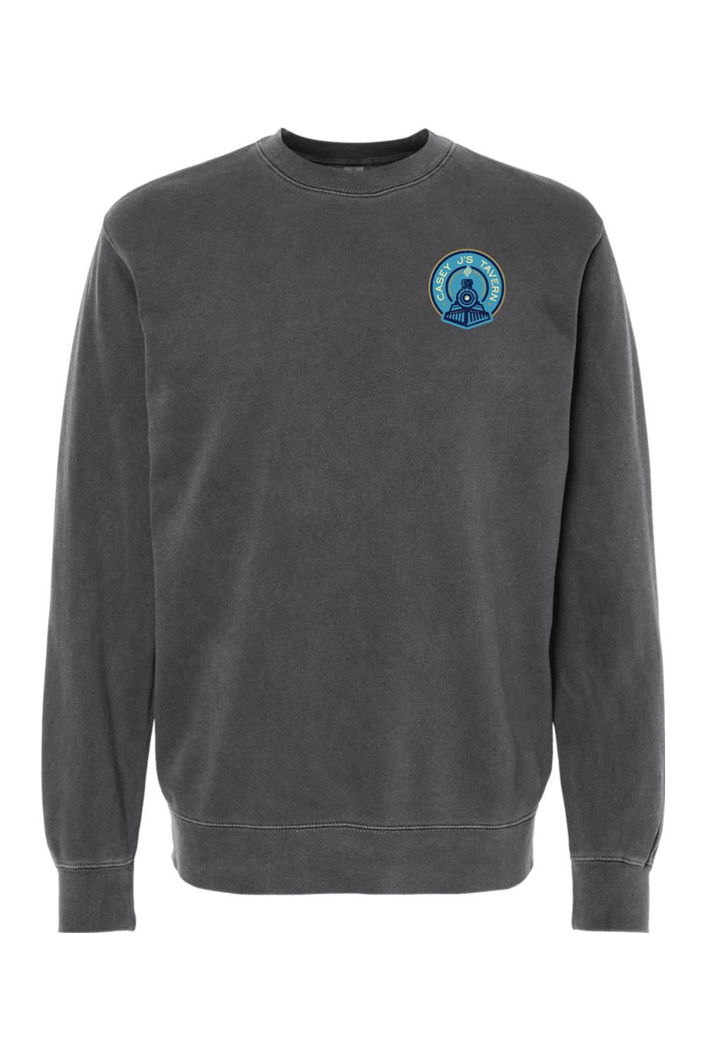 Charcoal pigment-dyed crewneck sweatshirt featuring a Casey J's Tavern train logo on the chest.