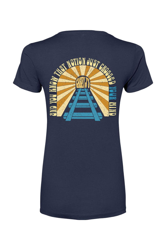 Navy blue women's cotton-blend t-shirt featuring a vintage railroad graphic with Casey J's Tavern text on the back.