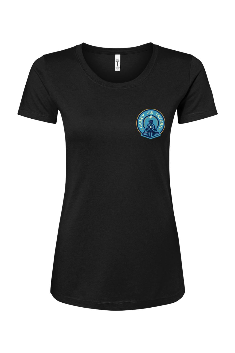 Black women's crew neck t-shirt featuring a Casey J's Tavern train logo on the left chest, made of cotton blend.