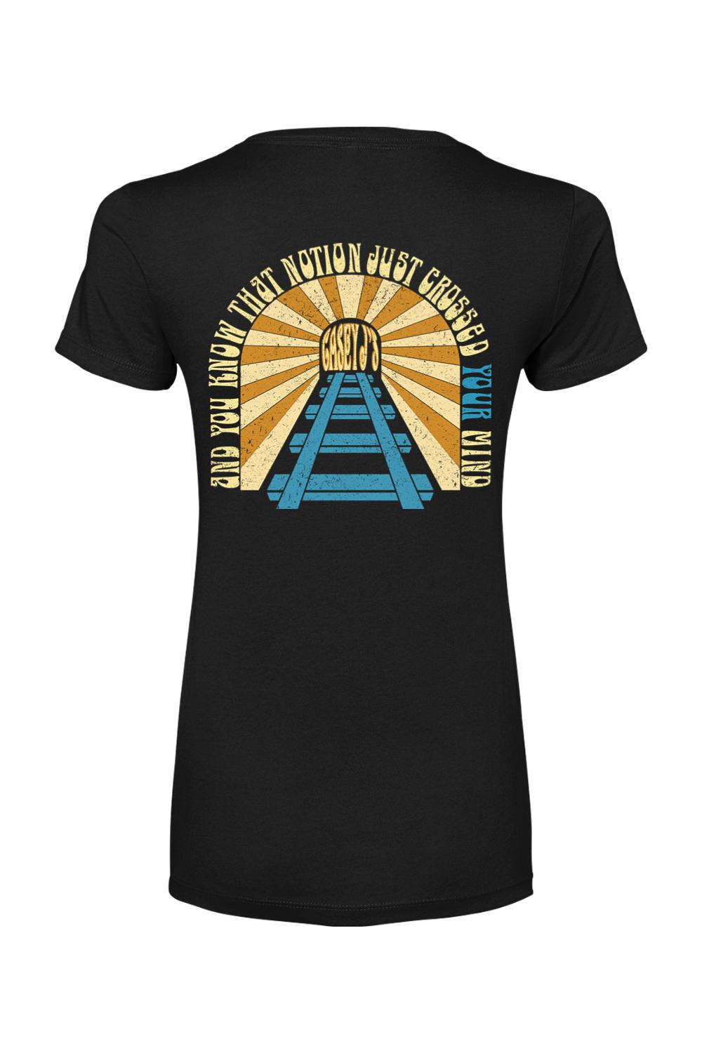 Black women's cotton-blend t-shirt featuring a vintage-style Casey J's Tavern graphic with train tracks and sunburst.
