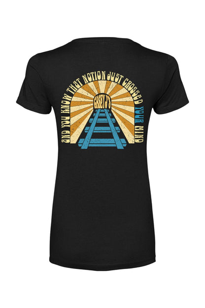 Black women's cotton-blend t-shirt featuring a vintage-style Casey J's Tavern graphic with train tracks and sunburst.