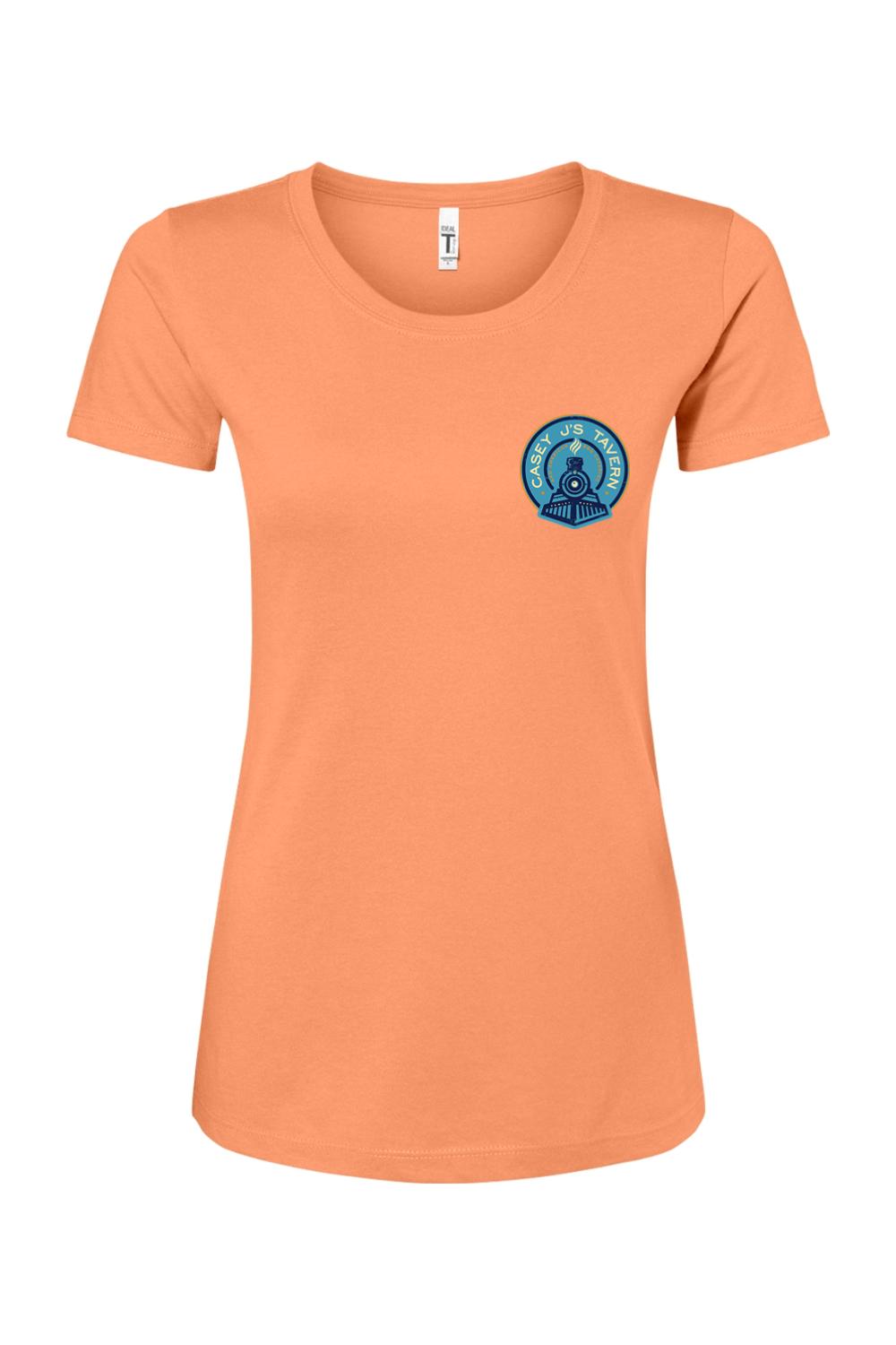 Peach-colored women's crew neck t-shirt featuring a Casey J's Tavern train logo on the left chest.