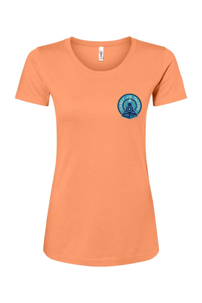 Peach-colored women's crew neck t-shirt featuring a Casey J's Tavern train logo on the left chest.