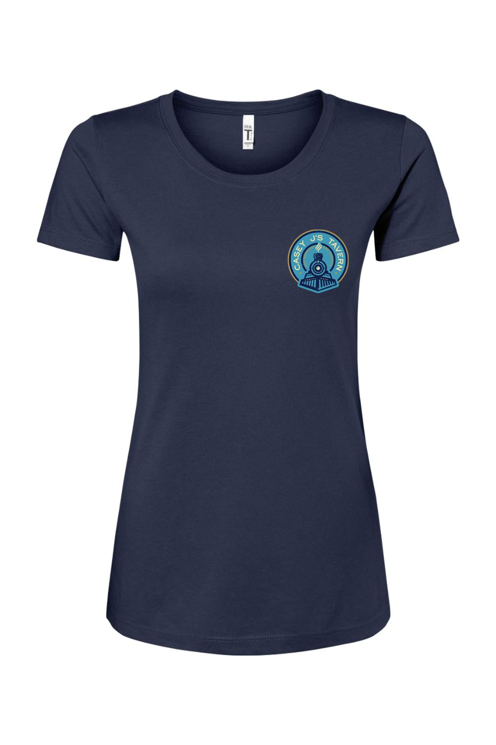 Navy blue women's crew neck t-shirt featuring a Casey J's Tavern train logo on the left chest.
