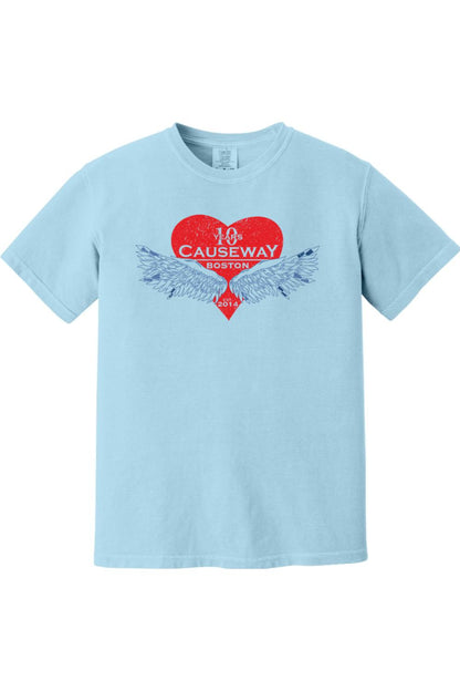 Light blue Comfort Colors cotton t-shirt featuring a red heart graphic with wings and Causeway 10th anniversary text.