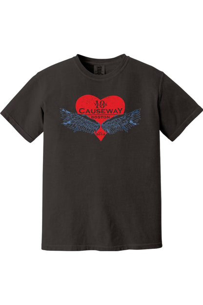 Black Comfort Colors short-sleeve shirt featuring a red heart graphic with blue wings and Causeway 10th anniversary text.