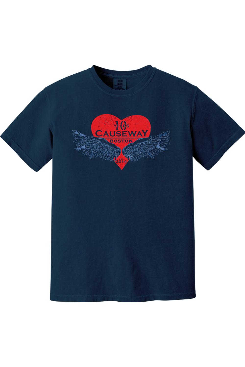 Navy blue Comfort Colors short sleeve cotton shirt featuring a red heart graphic with wings and Causeway 10th anniversary text.