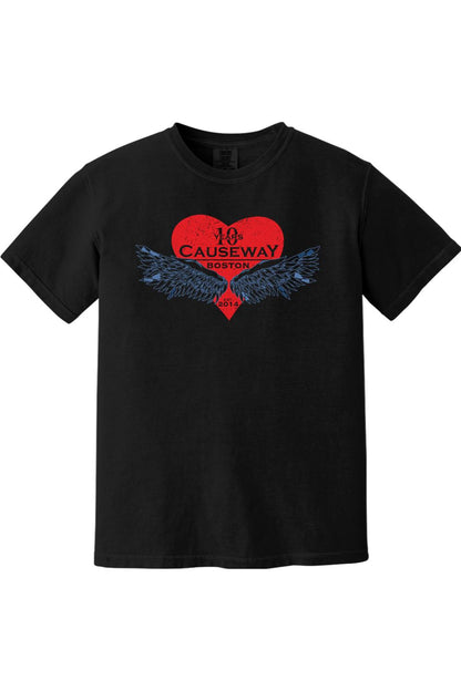 Black Comfort Colors short sleeve cotton shirt featuring a red heart graphic with blue wings and Causeway 10th anniversary text.
