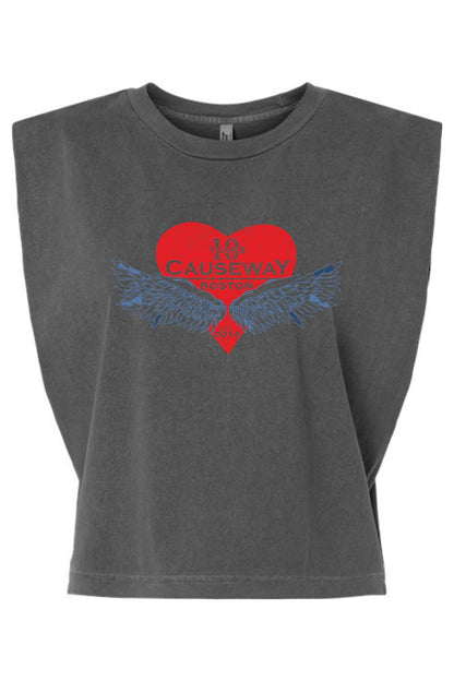 Charcoal garment-dyed women's muscle tee with a boxy, cropped fit and a red heart graphic featuring 10th anniversary wings.