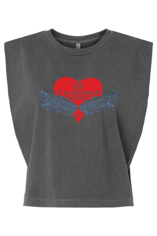 Charcoal garment-dyed women's muscle tee with a boxy, cropped fit and a red heart graphic featuring 10th anniversary wings.