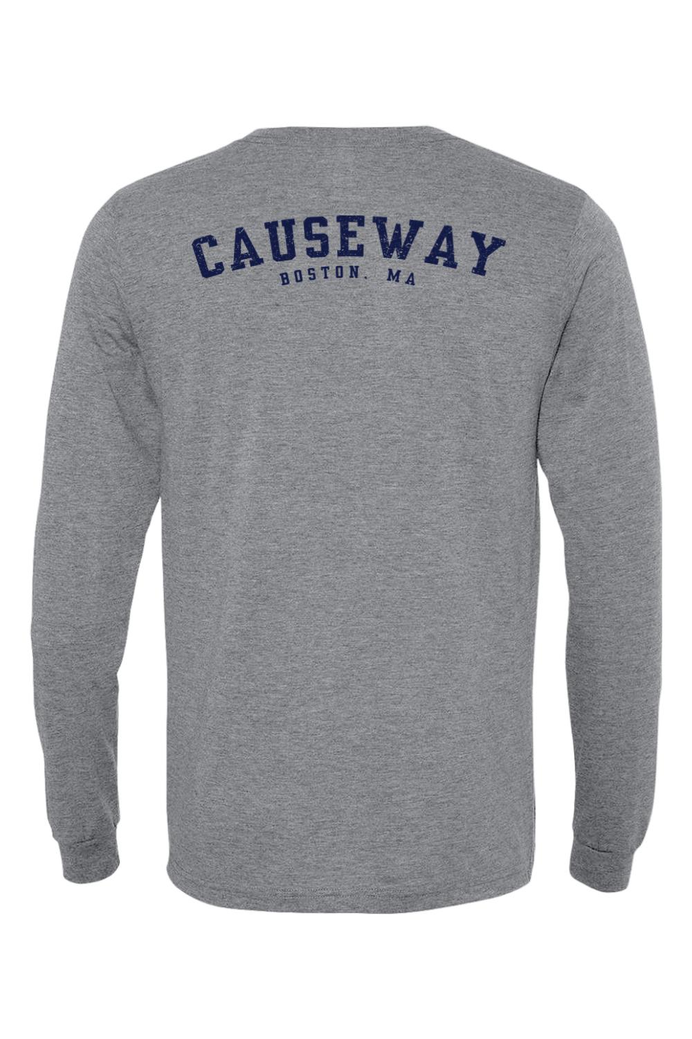Grey triblend long sleeve tee featuring a navy blue Causeway Boston, MA graphic on the back.