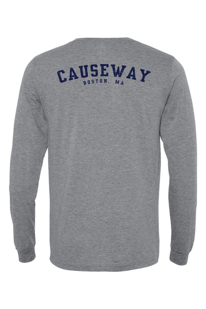 Grey triblend long sleeve tee featuring a navy blue Causeway Boston, MA graphic on the back.