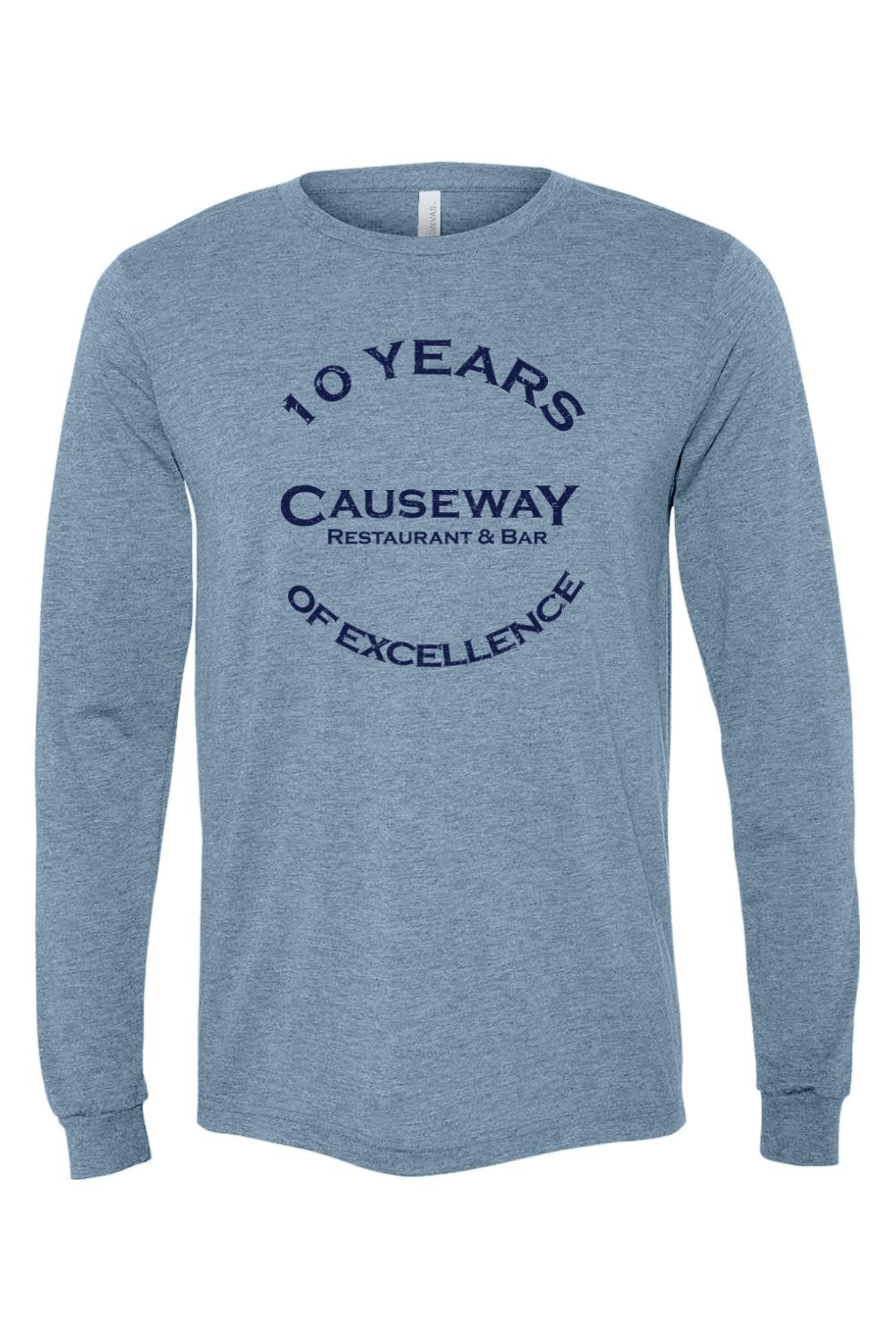 Blue heathered triblend long sleeve tee featuring a navy 10th anniversary Causeway Restaurant & Bar graphic.
