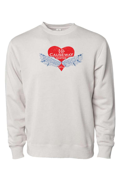 Light grey pigment-dyed crewneck sweatshirt featuring a red heart graphic with blue wings and Causeway 10th anniversary text.