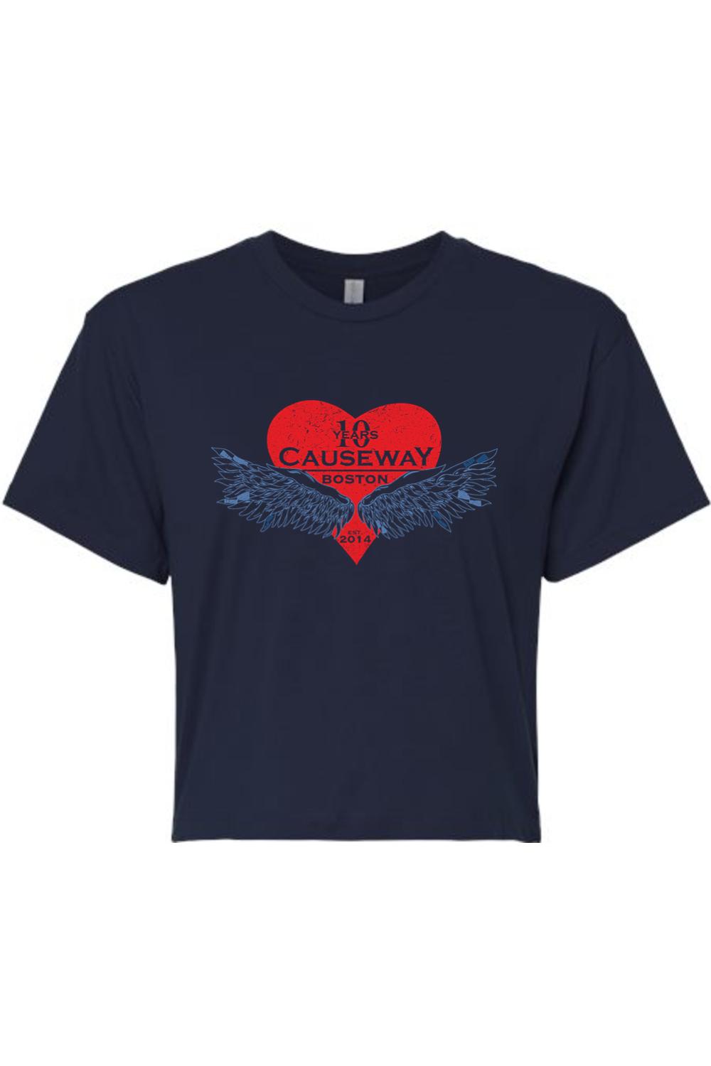 Navy blue women's crop top featuring a red heart graphic with wings and 10th anniversary Causeway Boston text.