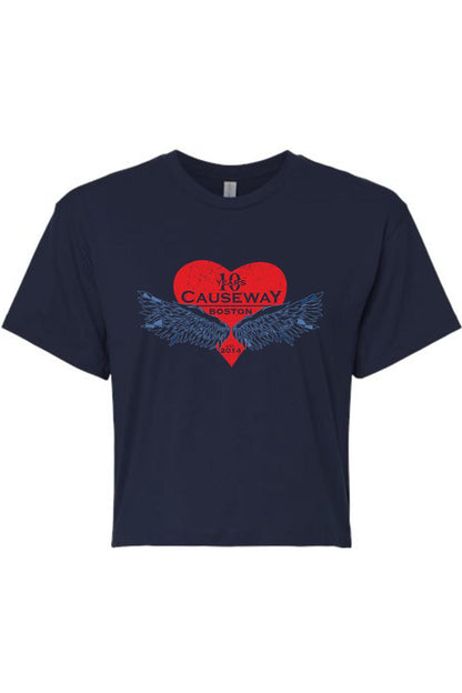 Navy blue women's crop top featuring a red heart graphic with wings and 10th anniversary Causeway Boston text.
