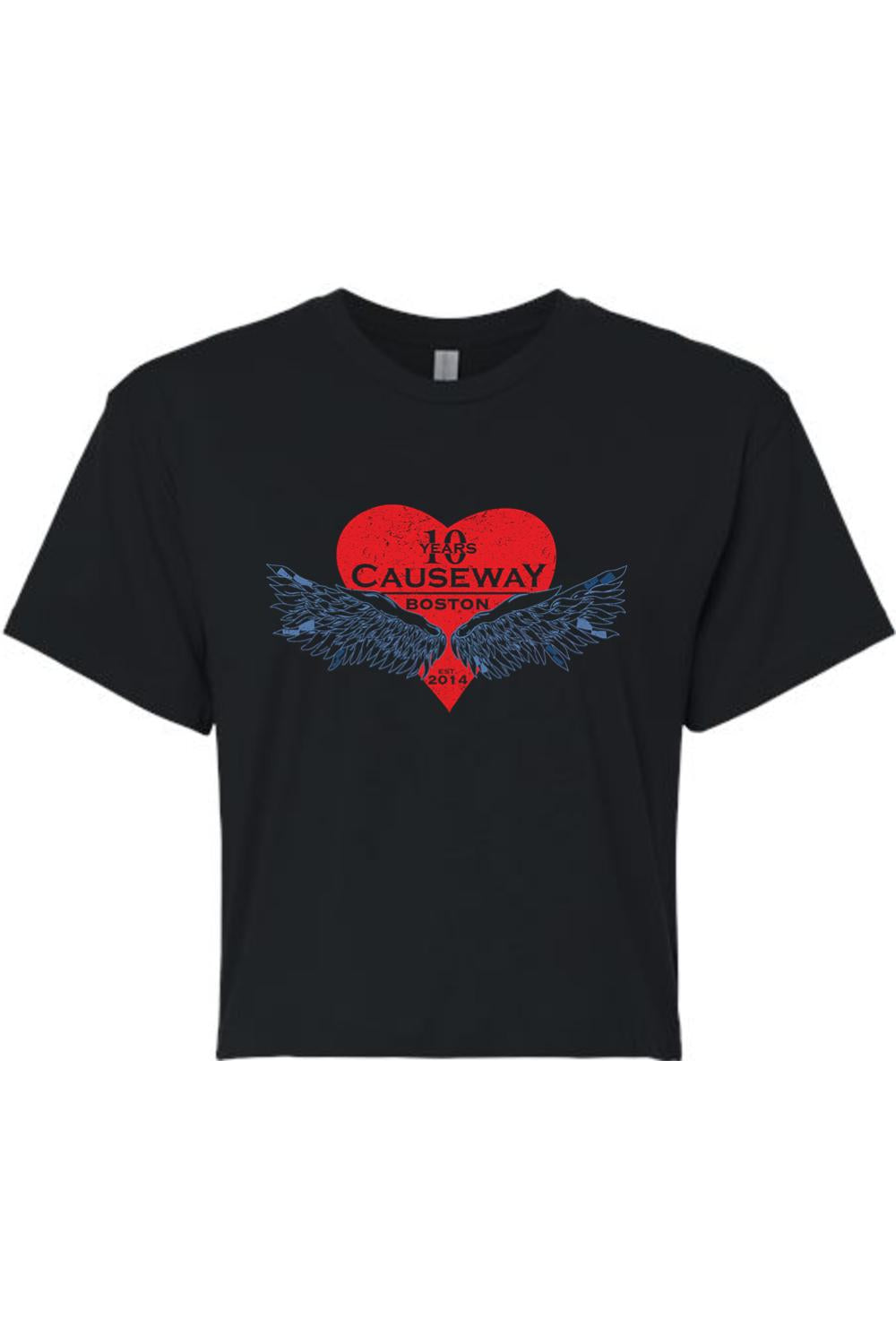 Black women's crop top featuring a red heart graphic with blue wings and Causeway 10th Anniversary text.