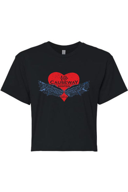 Black women's crop top featuring a red heart graphic with blue wings and Causeway 10th Anniversary text.