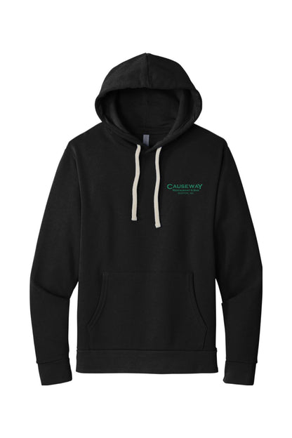 Black cotton-blend hoodie with Causeway Boston logo, natural drawcords, front pouch pocket, and ribbed cuffs.