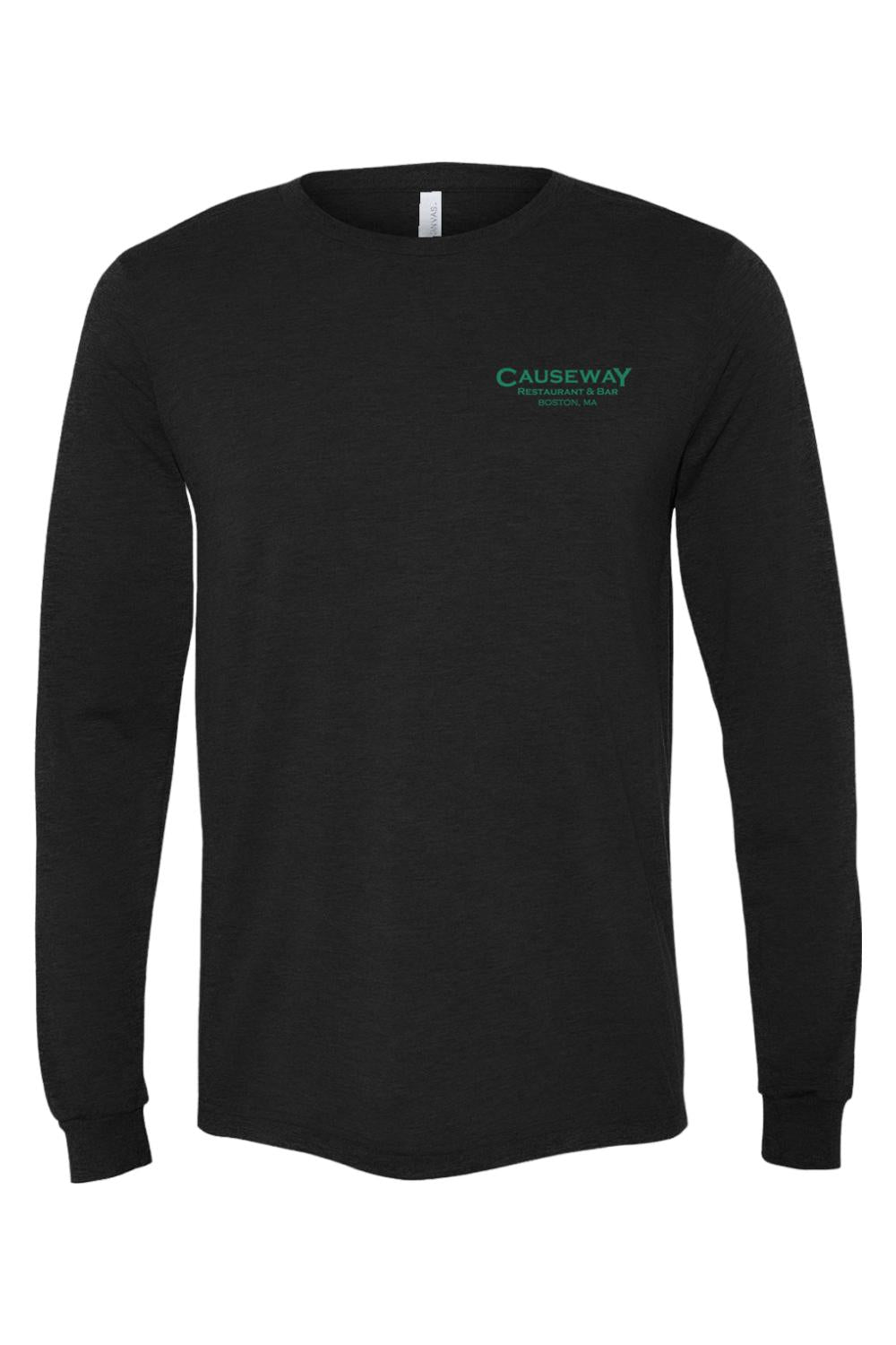 Black triblend long sleeve t-shirt with green Causeway Boston logo on the chest and ribbed cuffs.