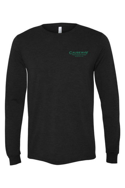 Black triblend long sleeve t-shirt with green Causeway Boston logo on the chest and ribbed cuffs.