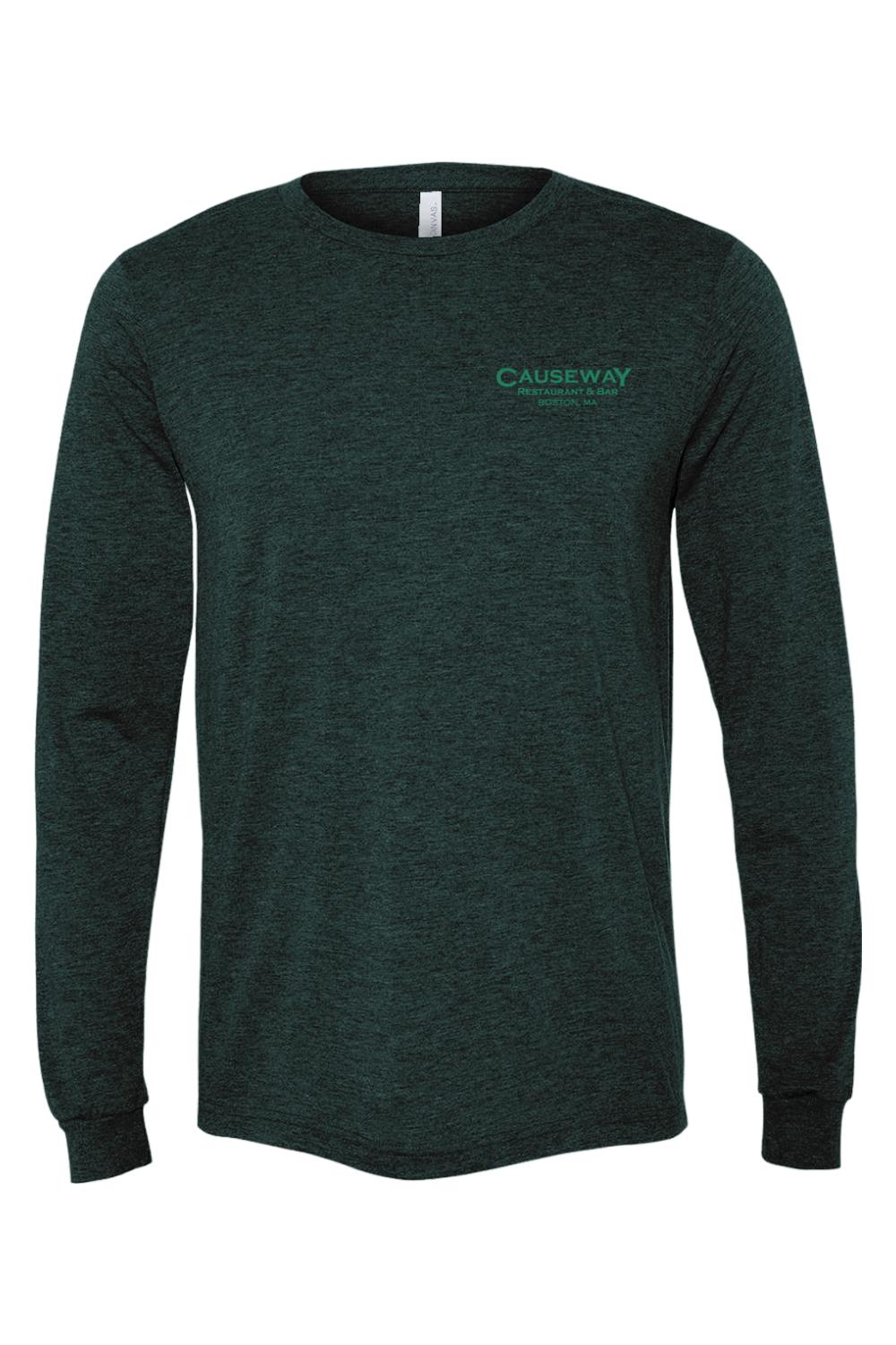 Dark green triblend long sleeve t-shirt with Causeway Restaurant & Bar Boston logo on the chest.