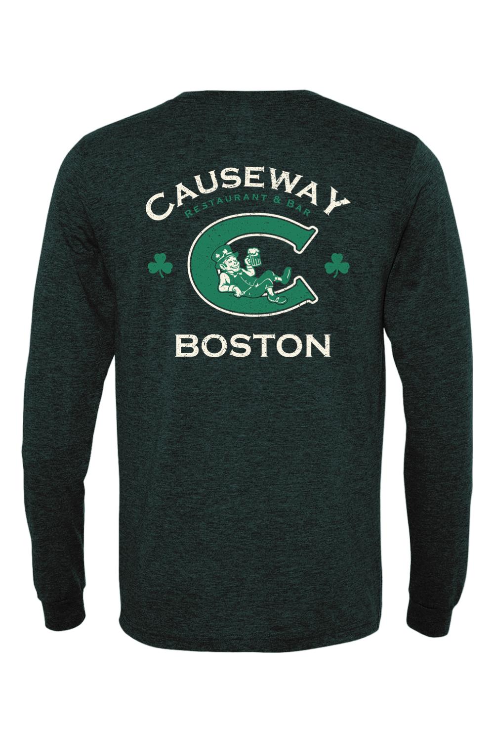 Dark green triblend long sleeve shirt with a vintage Causeway Boston leprechaun graphic on the back.