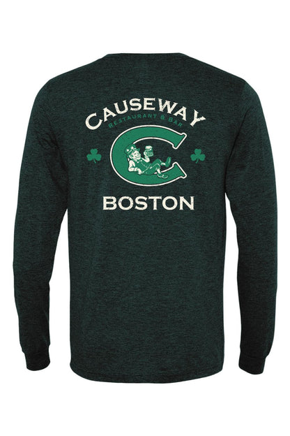 Dark green triblend long sleeve shirt with a vintage Causeway Boston leprechaun graphic on the back.