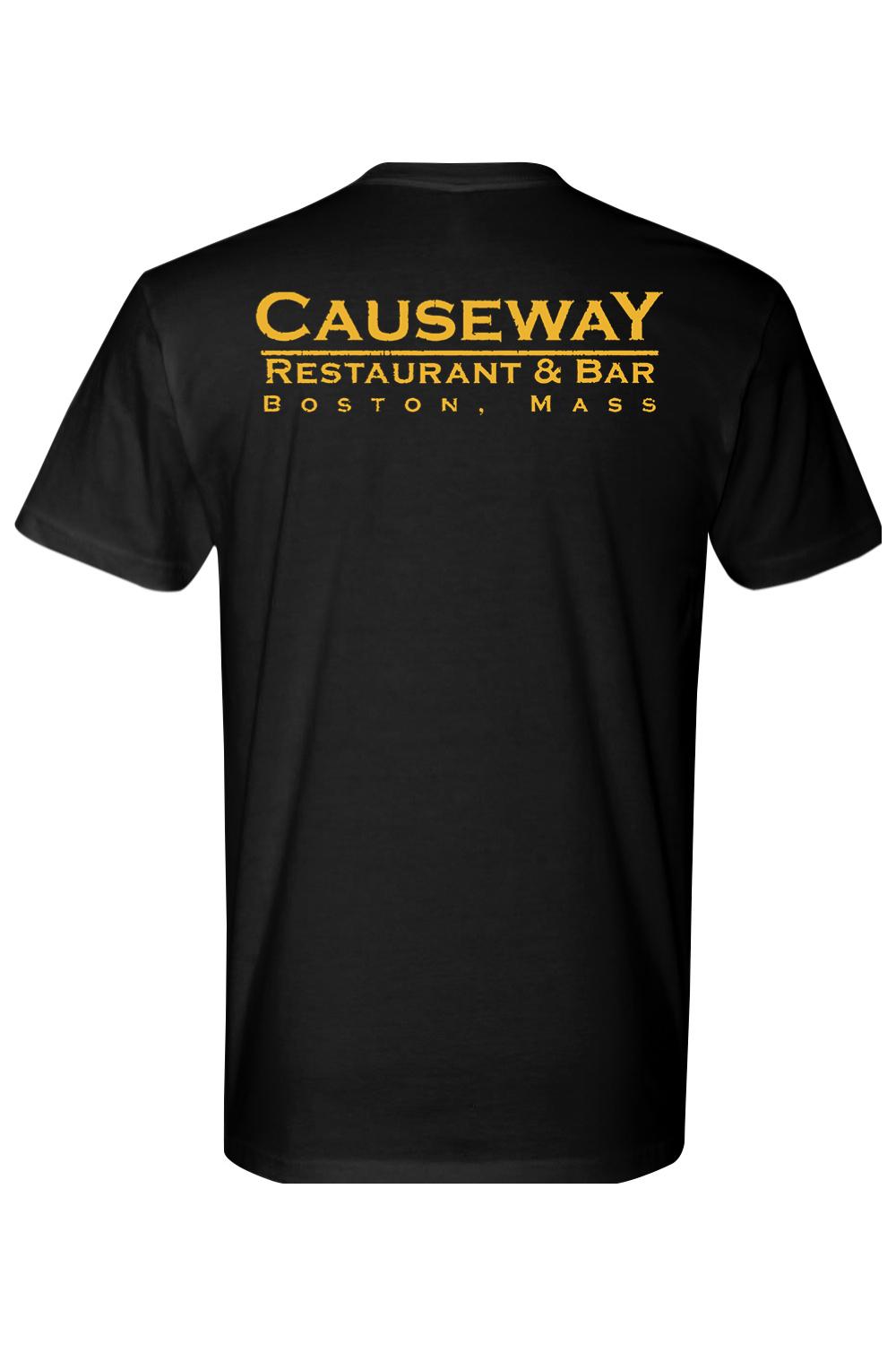 Black cotton crew neck t-shirt featuring yellow Causeway Restaurant & Bar Boston, Mass graphic on the back.
