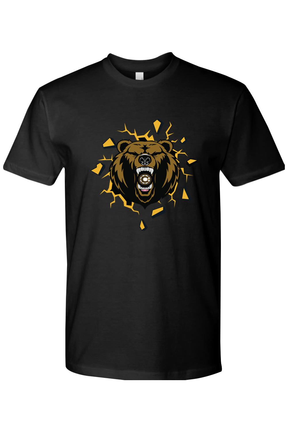 Black cotton crew neck tee featuring a roaring bear graphic breaking through a yellow and black shattered wall.