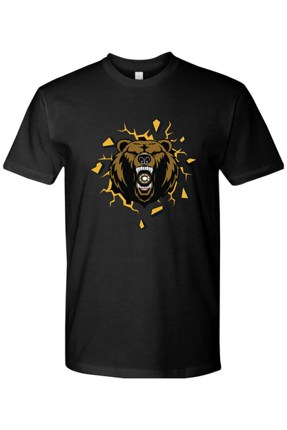 Black cotton crew neck tee featuring a roaring bear graphic breaking through a yellow and black shattered wall.