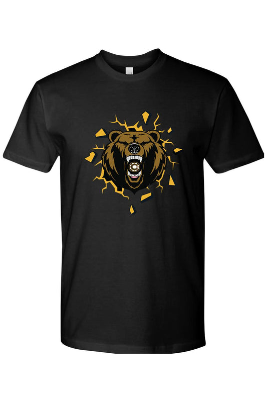 Black cotton crew neck tee featuring a roaring bear graphic breaking through a yellow and black shattered wall.