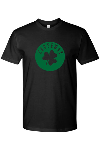 Black cotton crew neck t-shirt featuring a green circular logo with a shamrock and Causeway text.