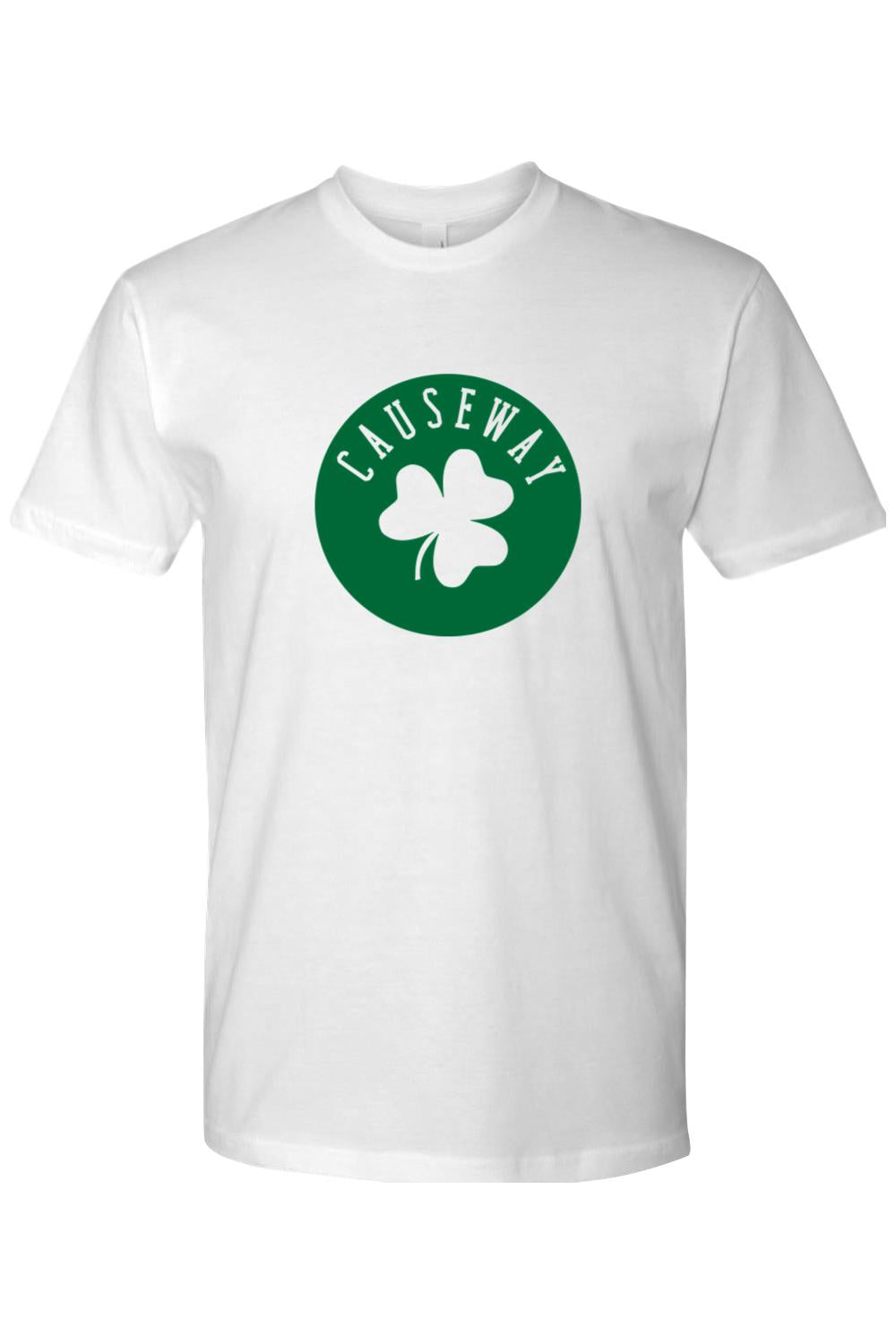 White cotton crew neck t-shirt featuring a green circular logo with a white shamrock and Causeway text.