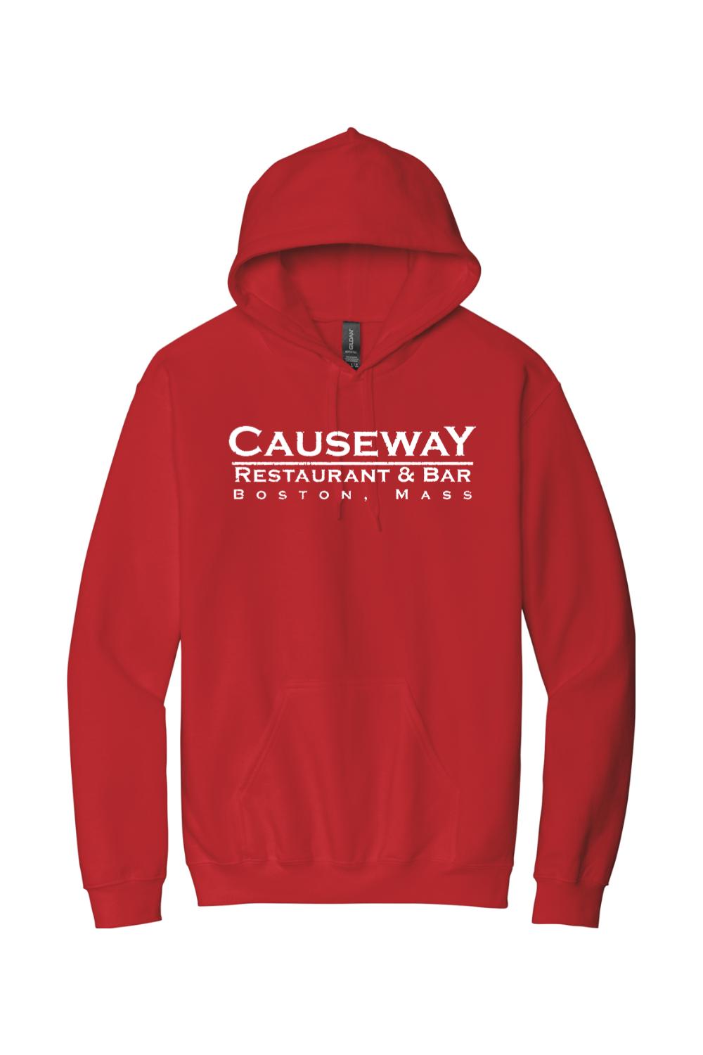 Red cotton hooded sweatshirt featuring the white Causeway Restaurant & Bar Boston logo on the chest.