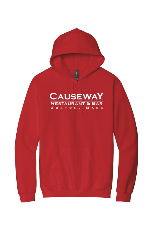 Red cotton hooded sweatshirt featuring the white Causeway Restaurant & Bar Boston logo on the chest.