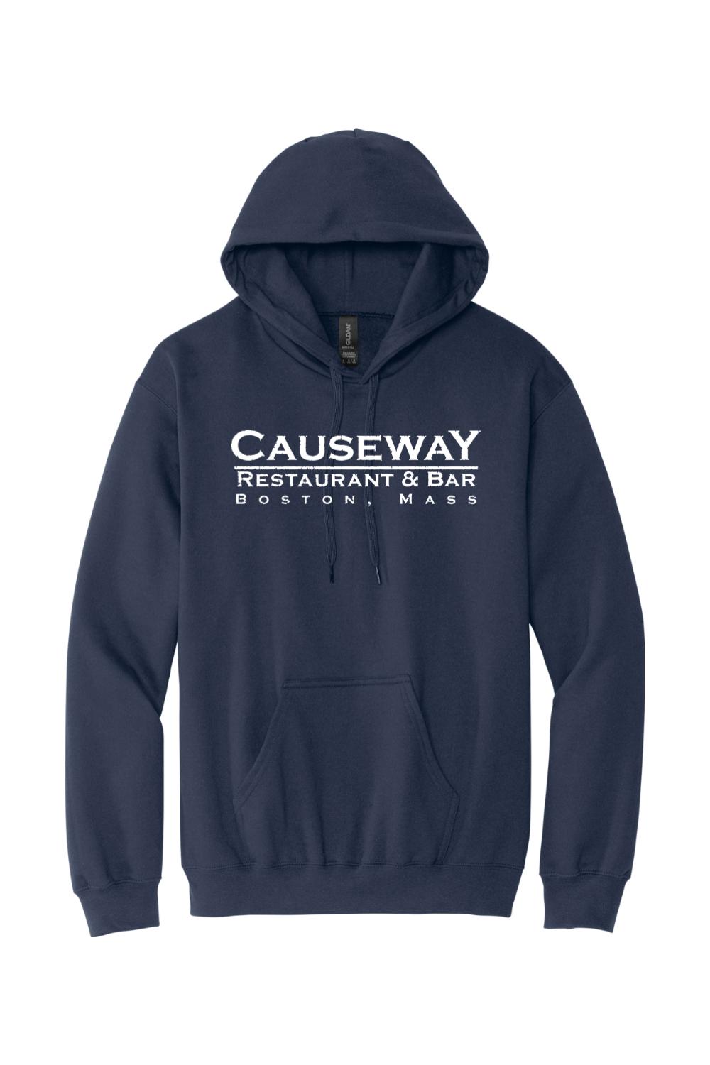 Navy blue cotton hooded sweatshirt with a white Causeway Restaurant & Bar Boston, Mass logo on the chest.