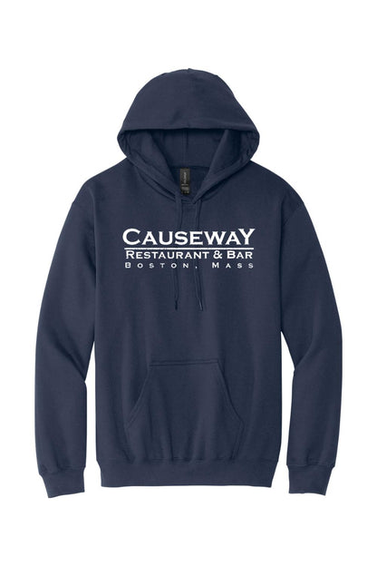 Navy blue cotton hooded sweatshirt with a white Causeway Restaurant & Bar Boston, Mass logo on the chest.