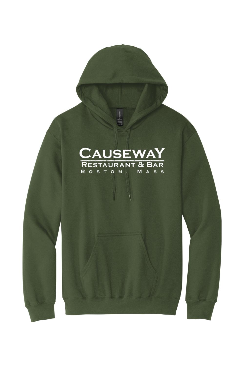 Olive green cotton hooded sweatshirt with white Causeway Restaurant & Bar Boston, Mass logo and front pouch pocket.