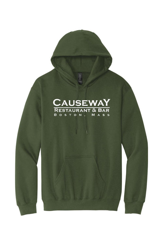 Olive green cotton hooded sweatshirt with white Causeway Restaurant & Bar Boston, Mass logo and front pouch pocket.