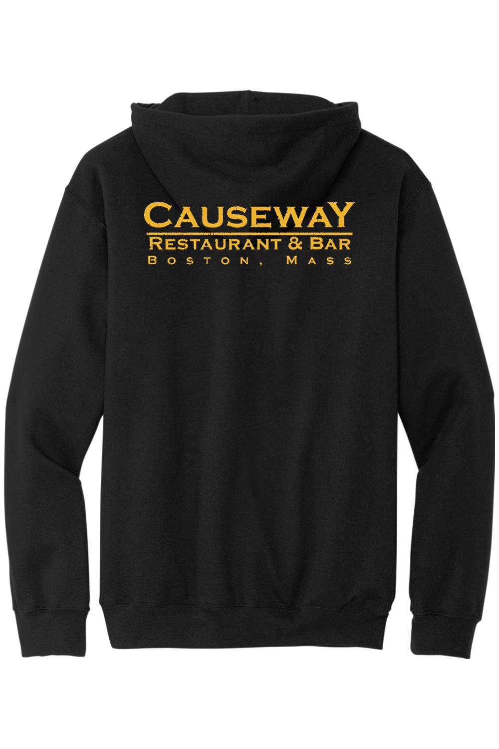 Black cotton hoodie featuring a yellow Causeway Restaurant & Bar Boston logo printed on the back.