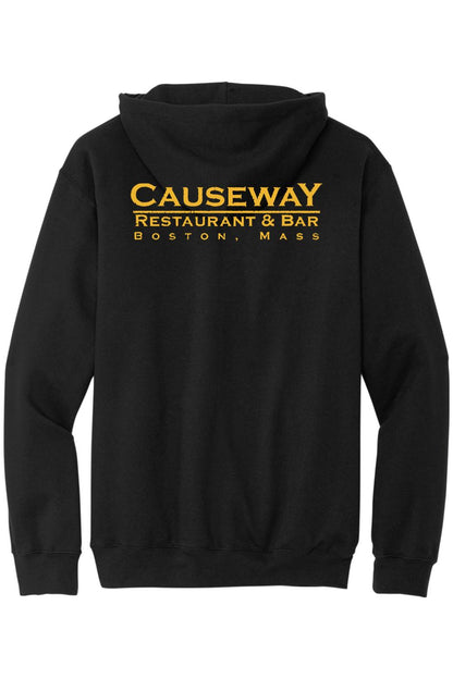 Black cotton hoodie featuring a yellow Causeway Restaurant & Bar Boston logo printed on the back.