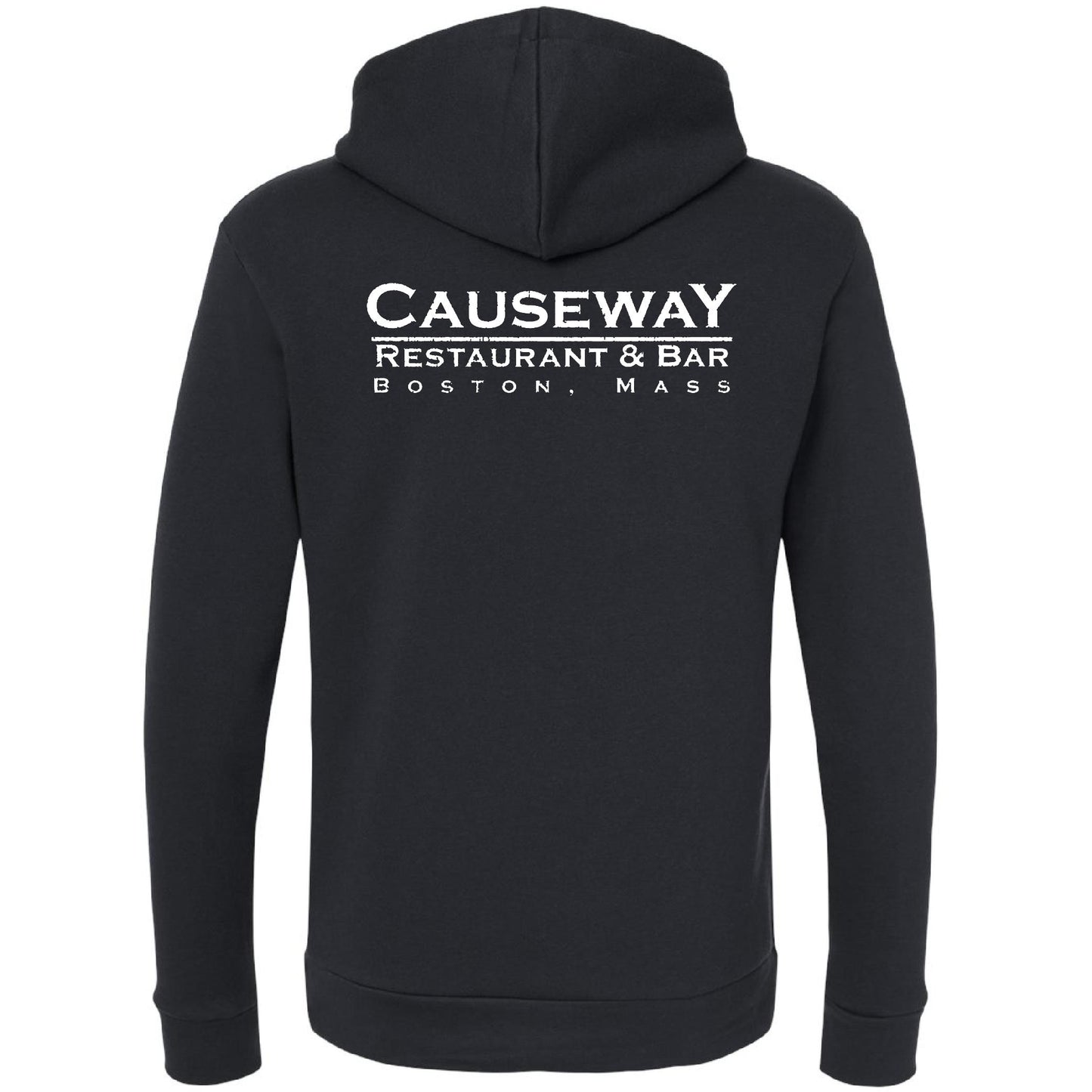 Black Causeway Restaurant & Bar hooded sweatshirt with white back graphic, ribbed cuffs, and a jersey-lined hood.