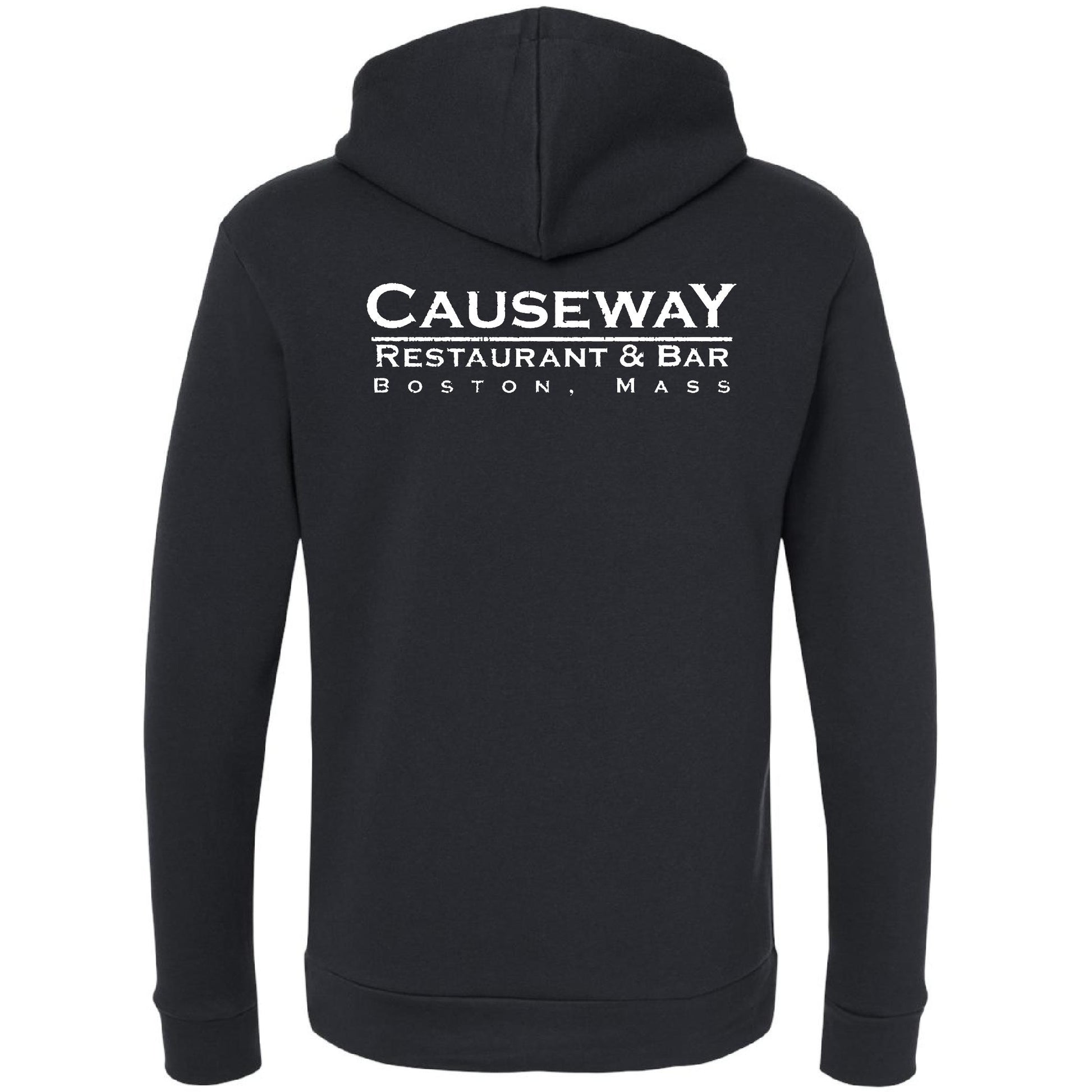 Black Causeway Restaurant & Bar hooded sweatshirt with white back graphic, ribbed cuffs, and a jersey-lined hood.