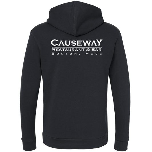Black Causeway Restaurant & Bar hooded sweatshirt with white back graphic, ribbed cuffs, and a jersey-lined hood.