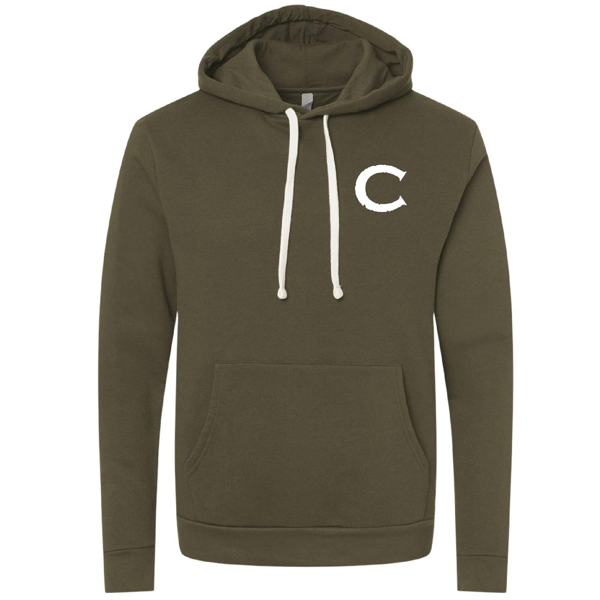 Olive green Causeway men's hoodie with a white C logo, front pouch pocket, and natural-colored drawcords.